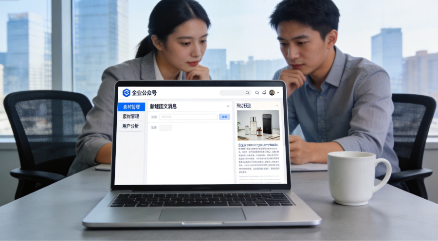 企业公众号运营场景图，展示公众号后台内容规划与用户互动